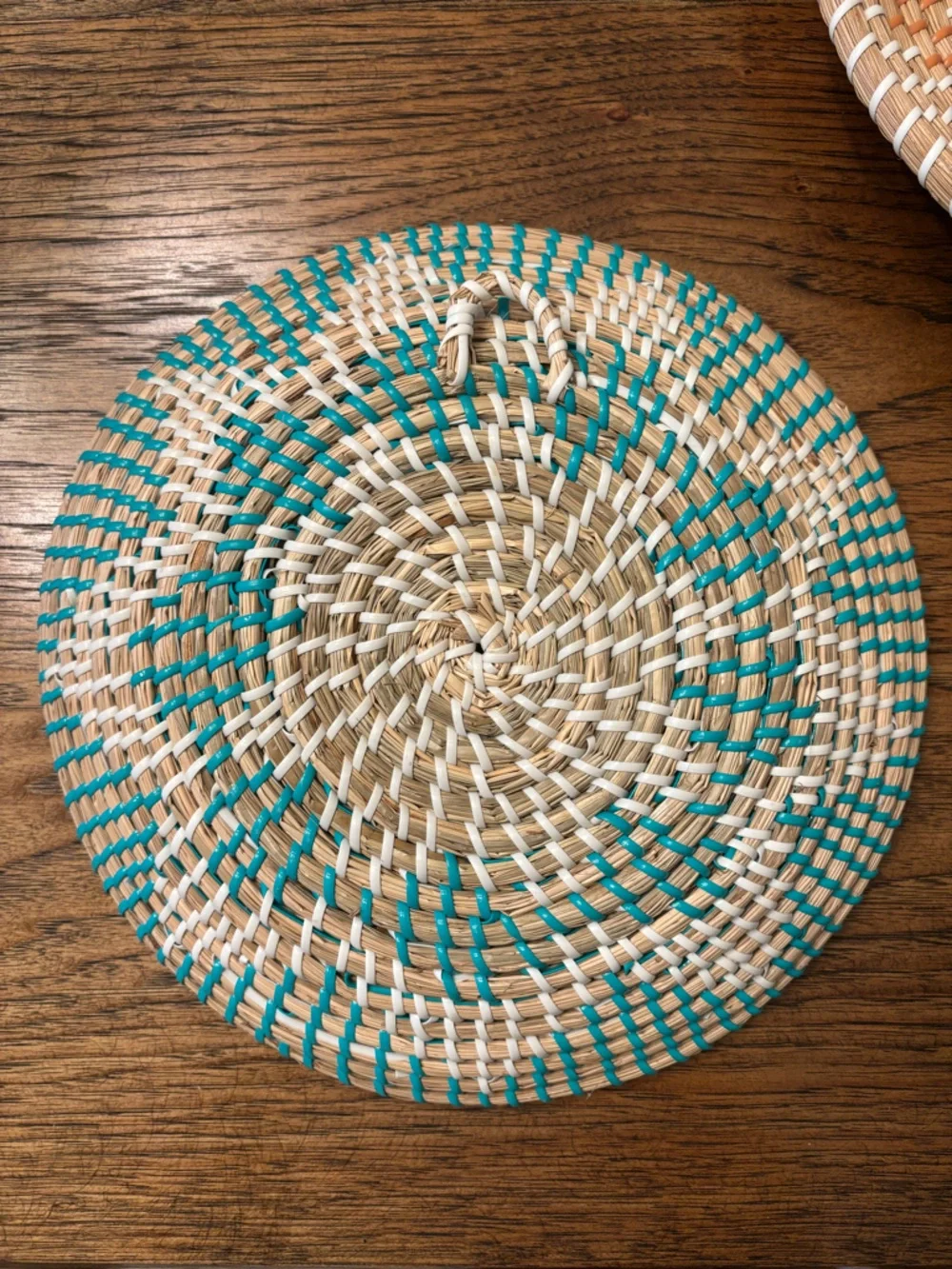 Set of 2 Handwoven Senegalese African Wall Baskets Turquoise Coral Boho Decor